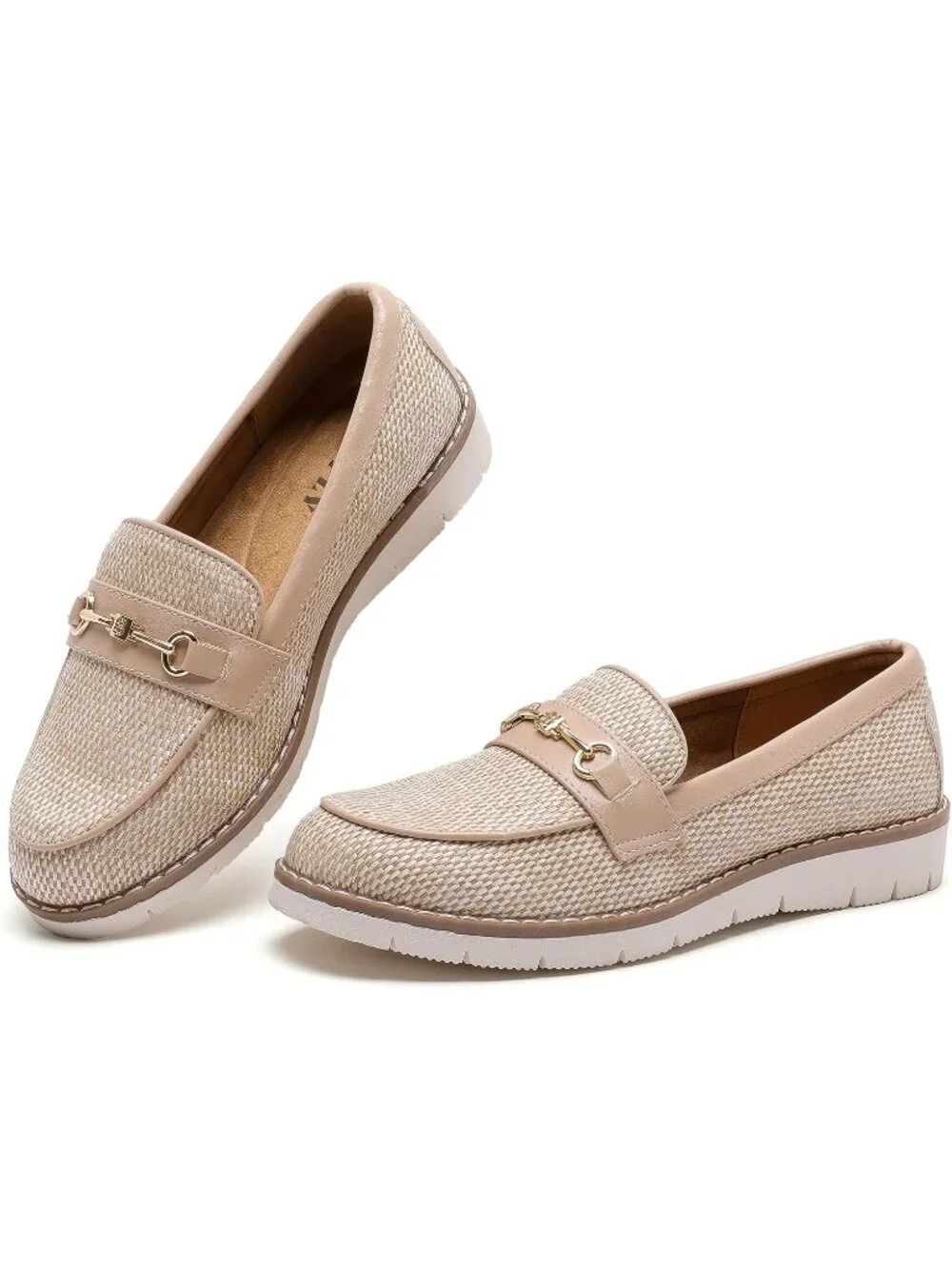 🆕Women's Beige Woven Round Toe Platform Chunky Heeled Loafers Business Shoes